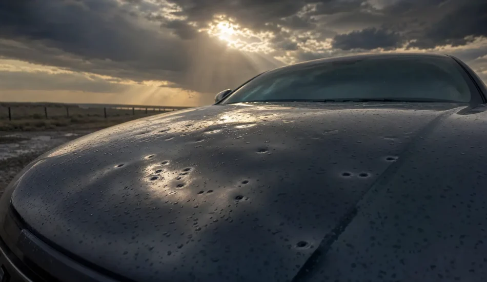 Hail damage dimples on a car hood under dramatic West Texas storm sky in Lubbock